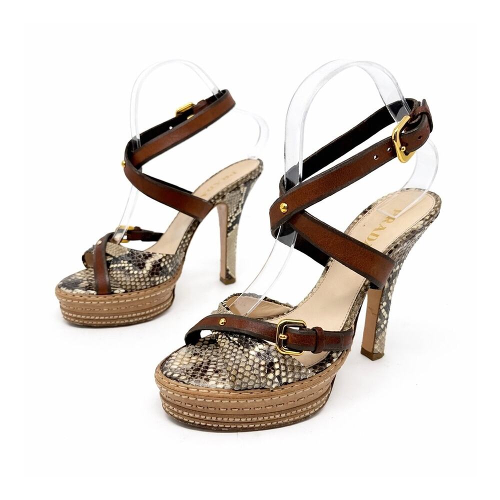 Prada Snakeskin Platform Strappy High Heels Womens Size EU 37.5